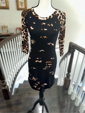 S.J.L. Apparel | RARE Ripped Style Long-Sleeve Dress| Black & Leopard Print Sz S